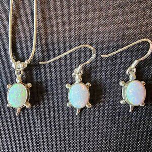 Turtle Shaped Mother of Pearl Pendant and Earrings, Silver Beaded 16" Necklace